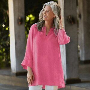 Lands‎ End Women's Linen Split Neck 3/4 Sleeve Tunic Top pink Large